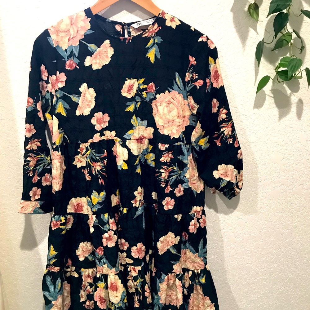 Zara Black and Colorful Floral Dress Size XS